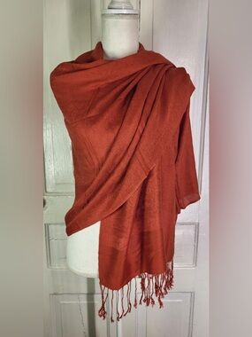 pashmina Oversized Burnt Orange/Red 70% Pashmina 30% Silk Blend Wrap with Fringe
